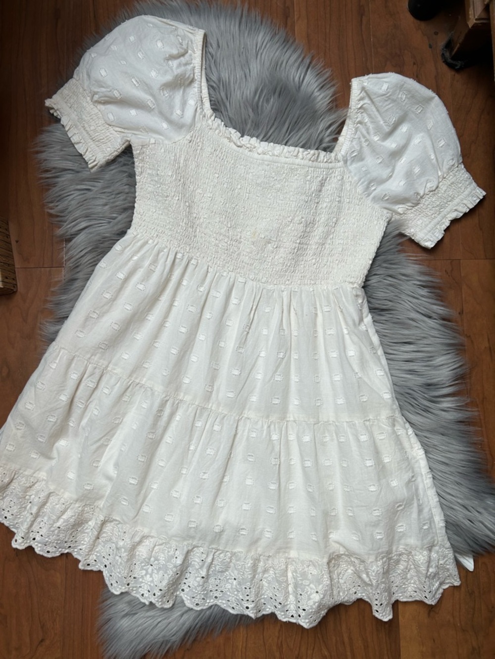 AEO Cream Puff-Sleeve Smocked Dress